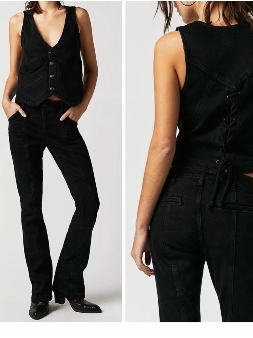Free People Black Denim Lace-Up Vest and Jeans